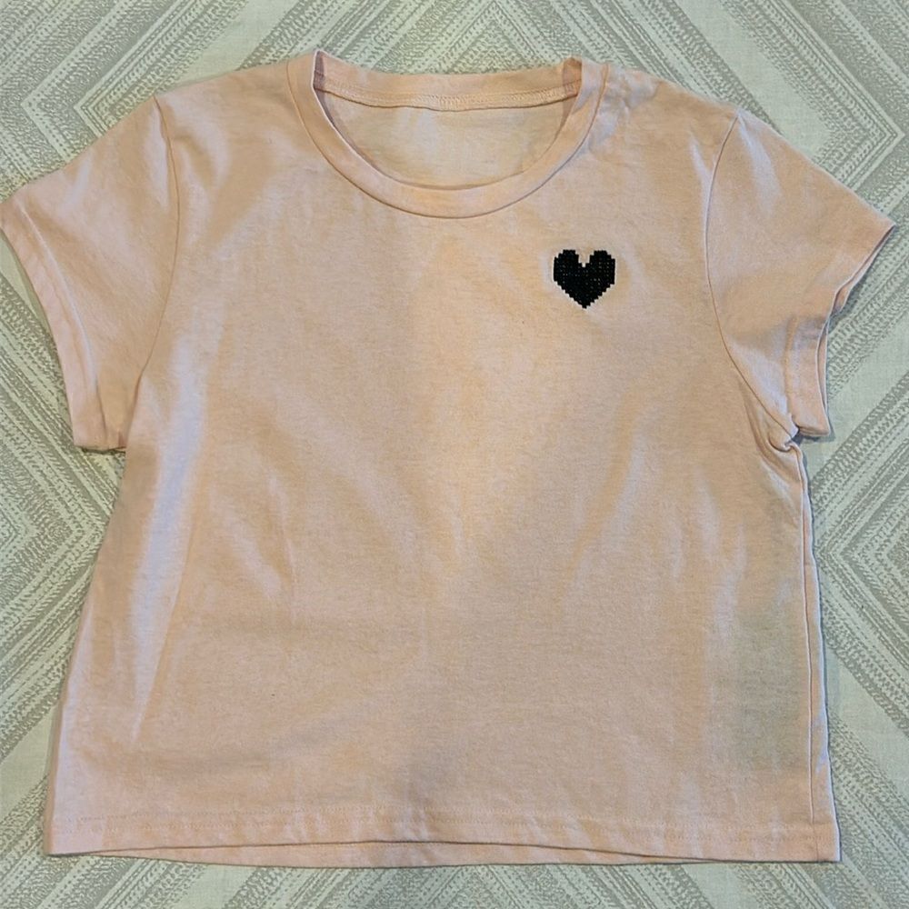 Strut This Women’s Pink Cropped T-Shirt with Black Embroidered Heart, One Size